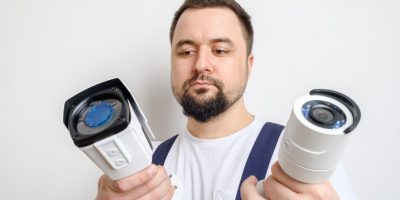Technician choosing CCTV security camera