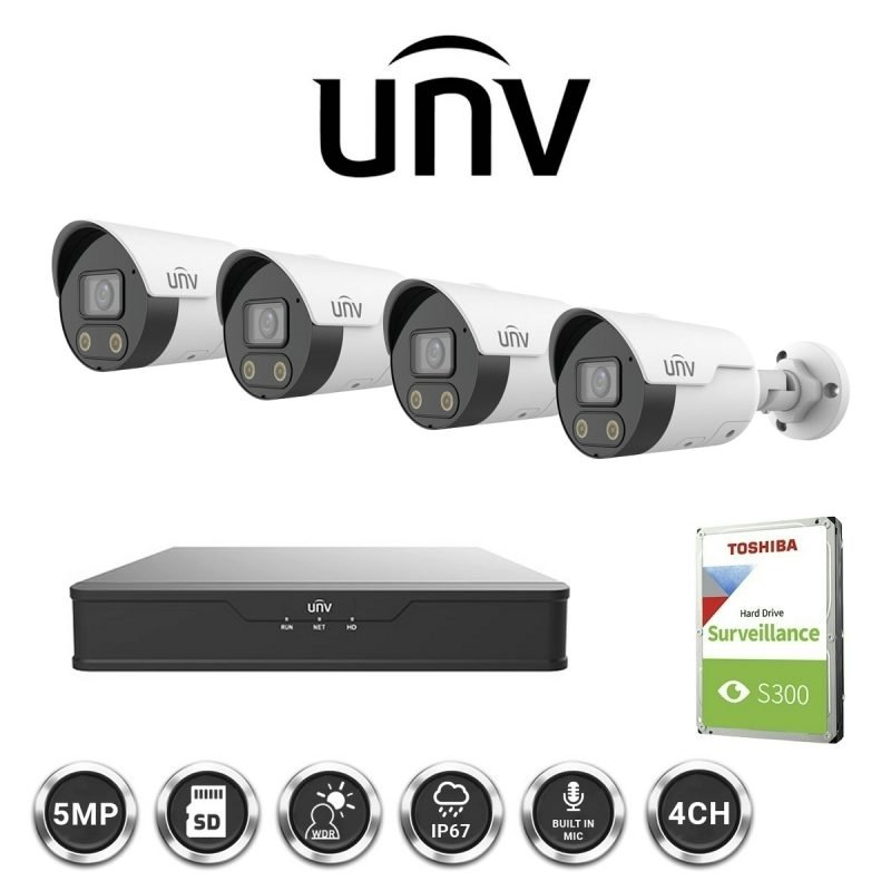 Uniview 5MP HD Bullet Tri-Guard Light and Audible Camera + 4CH NVR + 1TB HDD