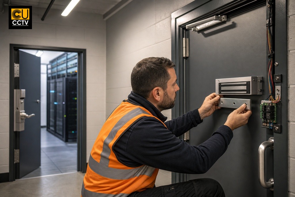 Security installer examining magnetic lock on fire door beside electromechanical lock on server room door, fail-safe vs fail-secure