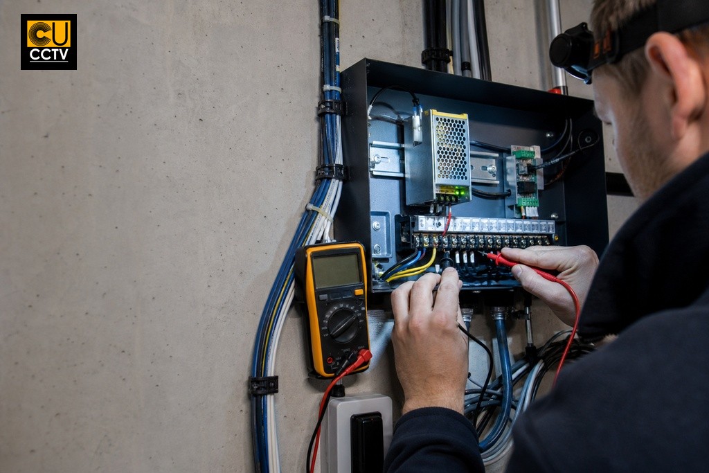 Installer wiring access control power supply enclosure with multimeter, cable runs, and terminal blocks in commercial plant room