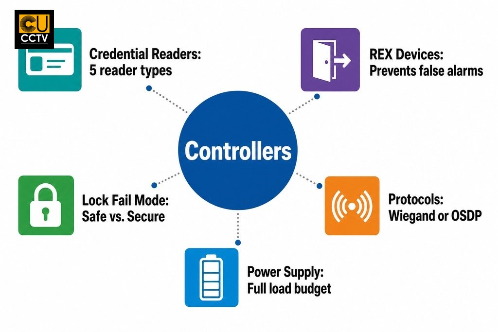 Key access control components for trade installers: controllers, readers, REX devices, locks, power supplies, and protocols.