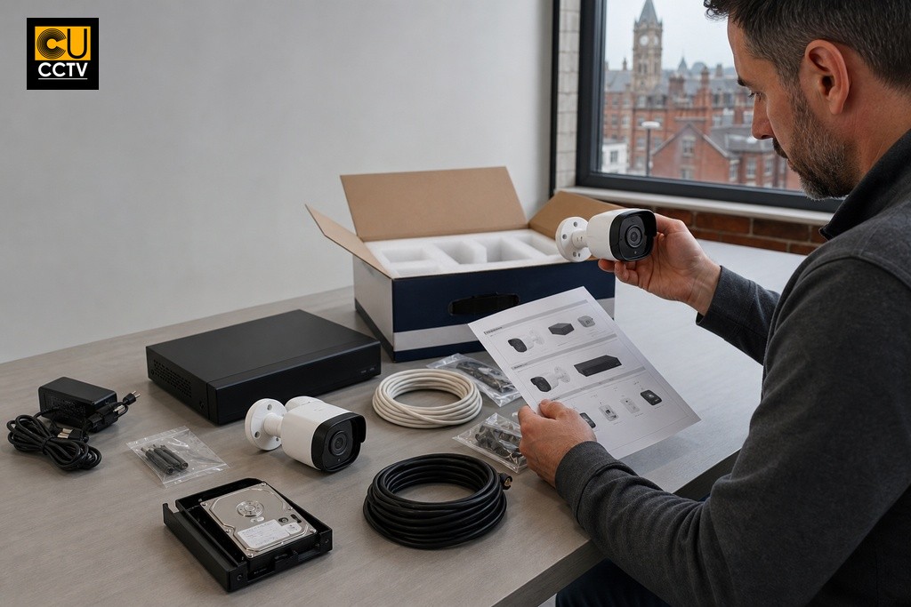 Property owner inspecting CCTV bundle components including NVR recorder, bullet cameras, and hard drive on a desk