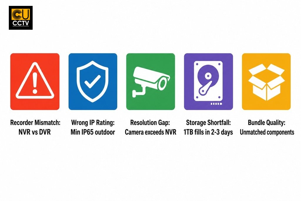 Five common CCTV kit mistakes to avoid before buying, covering compatibility, IP ratings, resolution, storage, and bundle qua