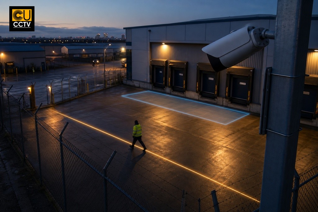 Dahua perimeter protection tripwire and intrusion zone active on industrial yard boundary fence at dusk
