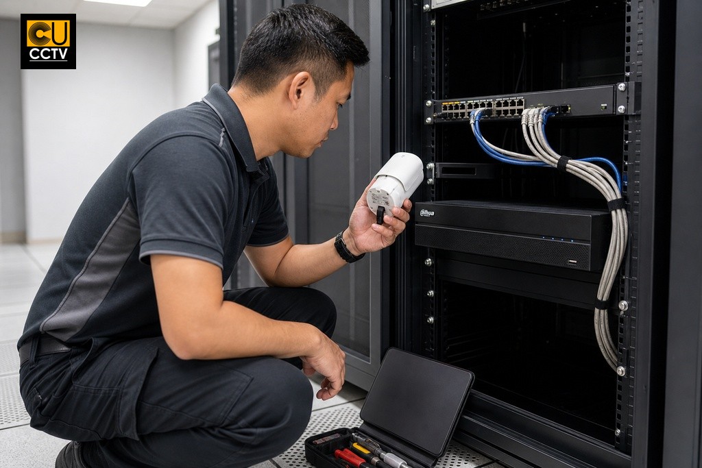 CCTV installer checking Dahua camera and NVR hardware compatibility in a commercial equipment rack room