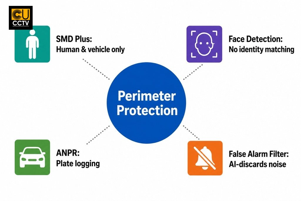 Dahua AI core features for trade installers: perimeter protection, SMD Plus, face detection, ANPR, and false alarm filtering.