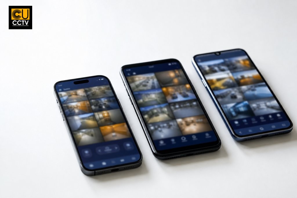 Three smartphones side by side showing blurred CCTV app interfaces for comparing Dahua security camera apps