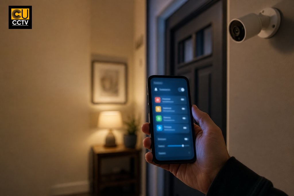 Homeowner reviewing blurred CCTV push notification alert settings on smartphone near front door camera