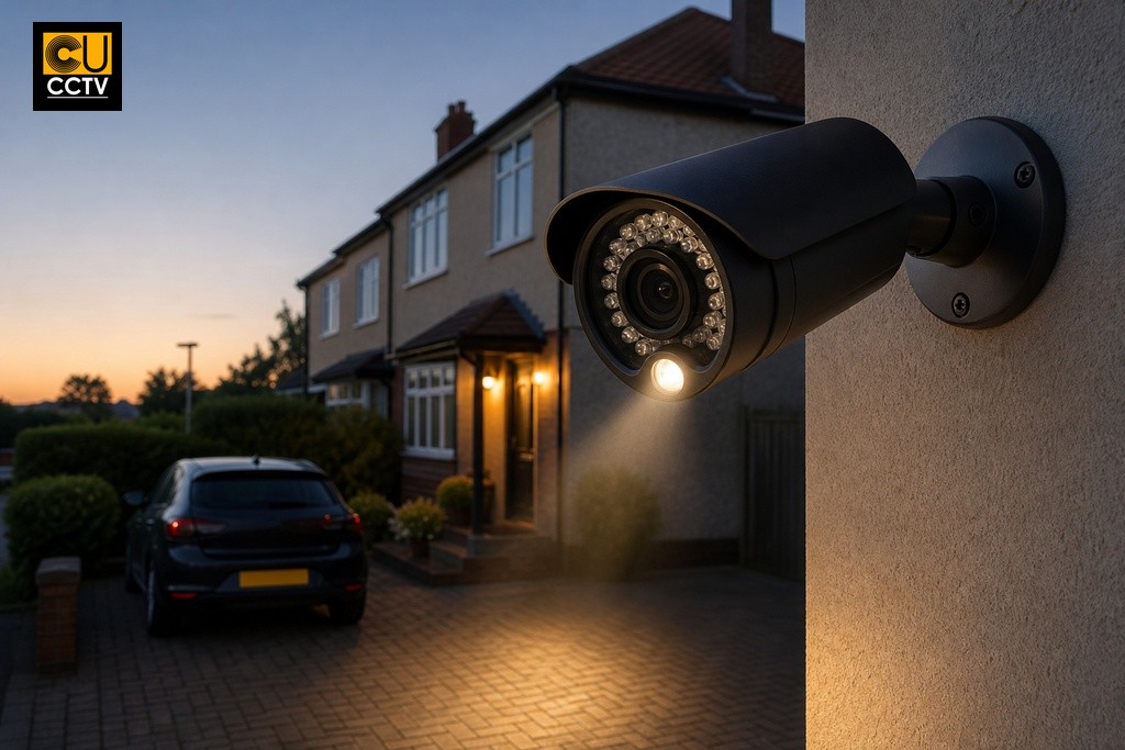 Dahua dual-light active deterrence bullet camera mounted on UK house exterior at dusk covering driveway
