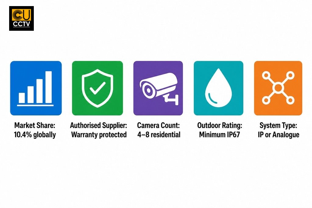 Key buying considerations for a Dahua CCTV system: market share, authorised sourcing, camera count, IP rating, and system typ