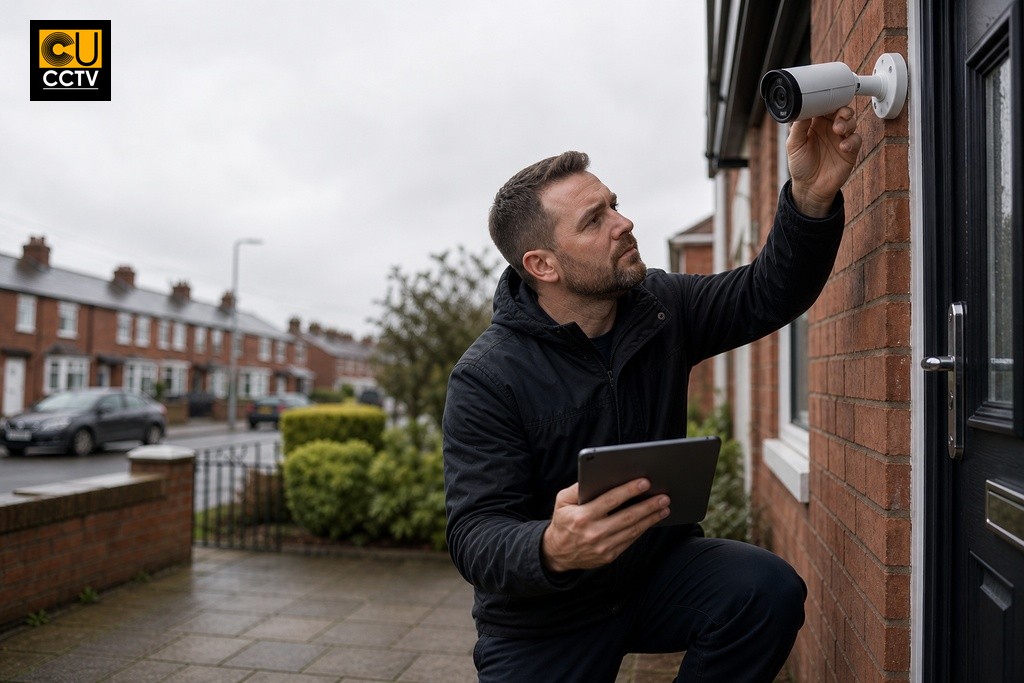 Homeowner adjusting Dahua bullet camera angle above terraced house front door to set CCTV detection zones