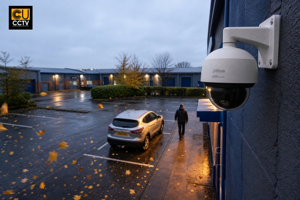 Dahua WizSense dome camera overlooking wet car park with pedestrian and vehicle, autumn leaves blowing below