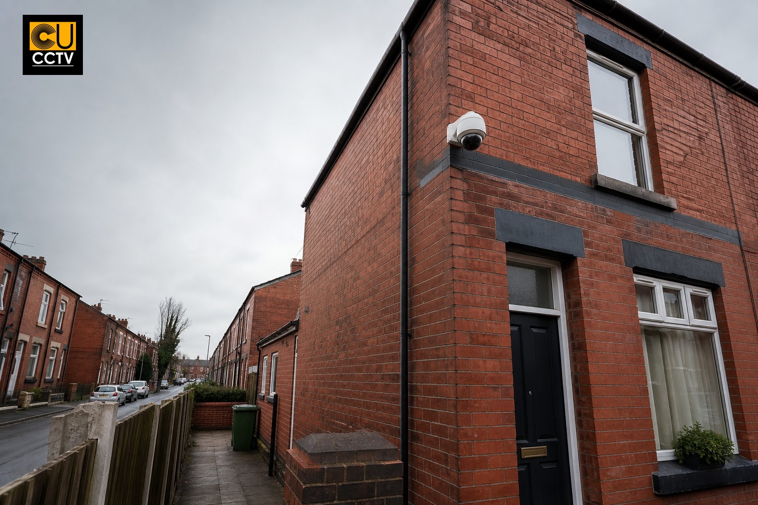 Dome CCTV camera mounted on exterior corner of red-brick Manchester residential property