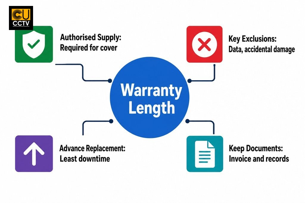 Key Dahua warranty considerations: 5-year cover, authorised supply, exclusions, service types, and documentation requirements