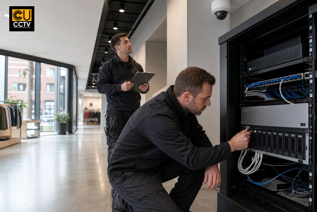 CCTV installer configuring NVR rack unit in commercial building for WizMind AI camera system