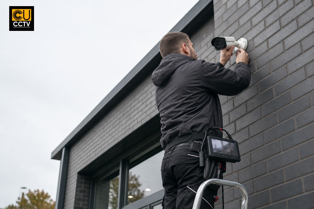 CCTV installer adjusting camera angle on exterior brick wall to optimise AI detection accuracy