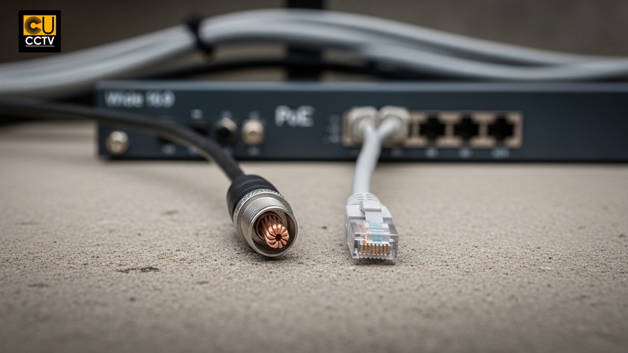 Coaxial cable and Cat6 Ethernet cable compared side by side showing CCTV installation wiring differences