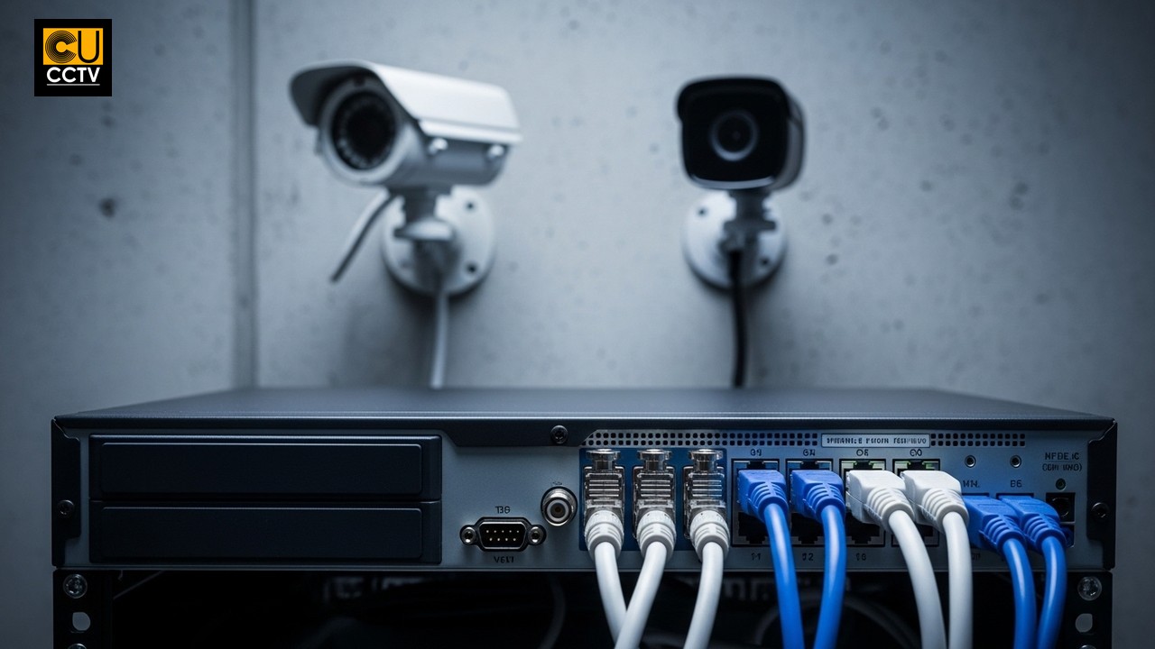 Hybrid XVR recorder with coaxial and Ethernet cables connected during analog CCTV system upgrade