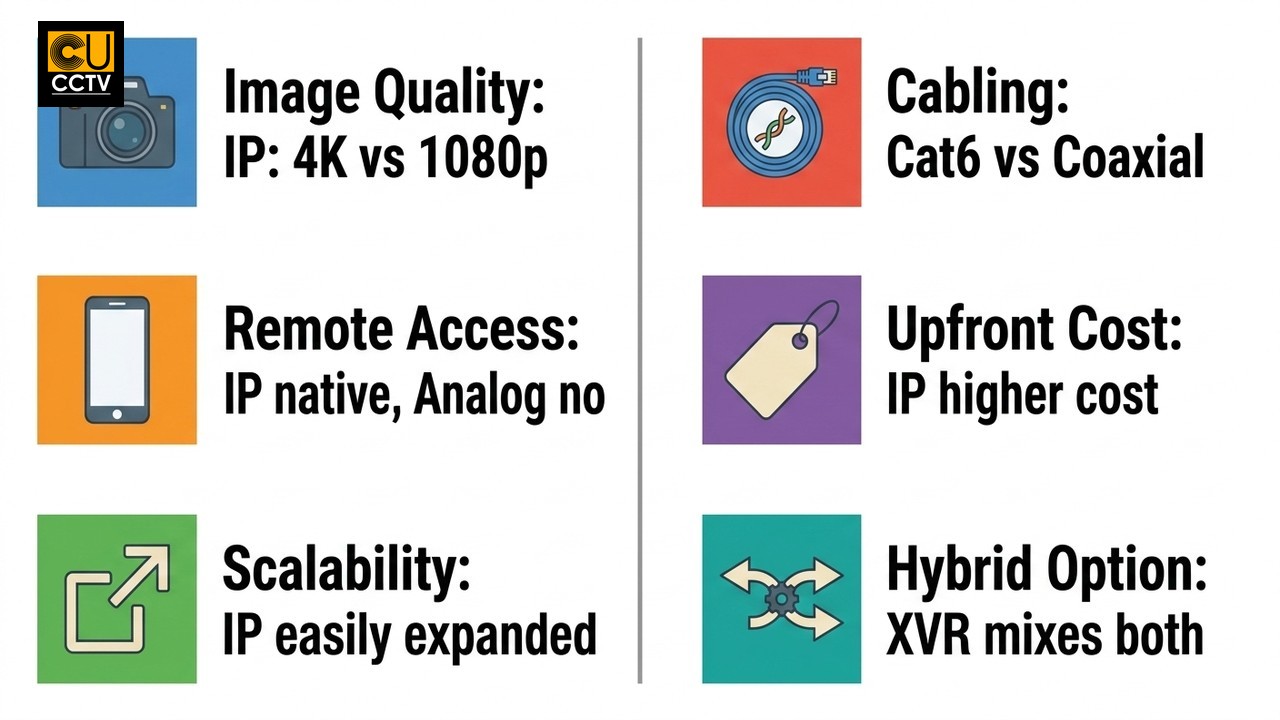 Infographic comparing IP CCTV and analog CCTV across image quality, cabling, remote access, cost, and scalability.