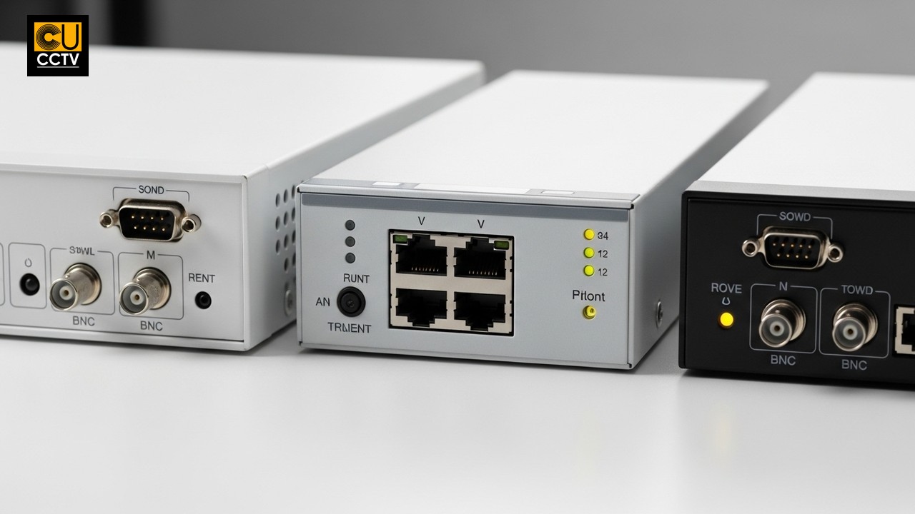 Three CCTV recorders side by side showing XVR, DVR, and NVR port differences on white surface